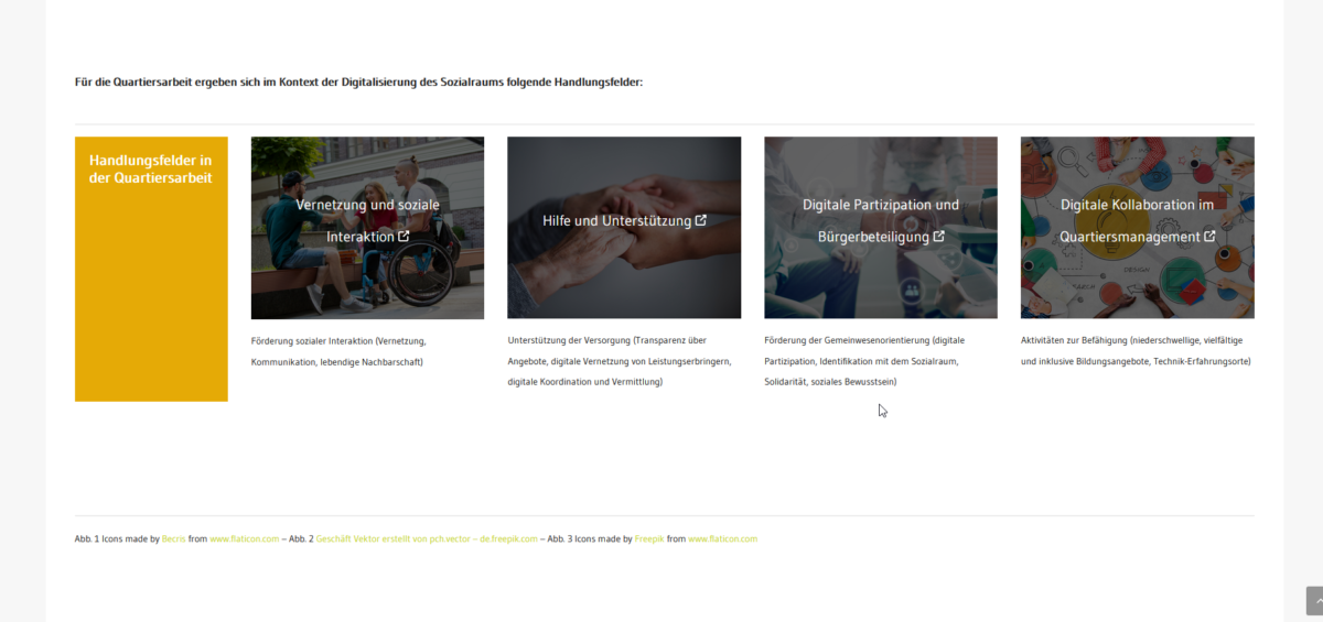 Screenshot der Website mit den Handlungsfeldern