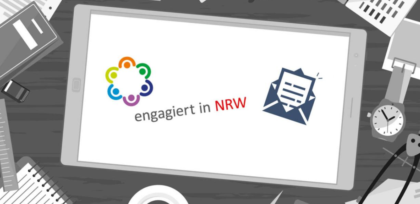 Das Bild zeigt ein Logo und den Schriftzug "Engagiert in NRW"